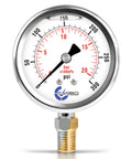 Glycerin Filled Pressure Gauge For Industrial Use 300 PSI 2.5 Inch Dial Lower Mount 1 Quarter NPT 304 Stainless Steel Case Brass