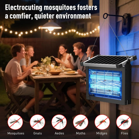 Beast Outdoor Mosquito Zapper With 4500V Electric Grid and USB C, installed on a wall at an evening gathering.