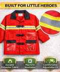 Front view of Deluxe 12 Piece Kids Firefighter Costume Set jacket, polyester, machine washable with adjustable fit details.