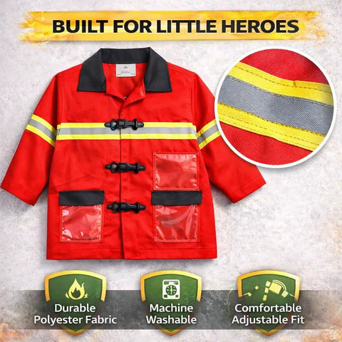 Front view of Deluxe 12 Piece Kids Firefighter Costume Set jacket, polyester, machine washable with adjustable fit details.