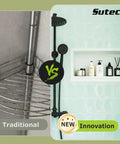 Comparison between traditional metal shower caddy and Tile Ready Recessed Shower Niche 16x28 Outer, 24x12 Inner.