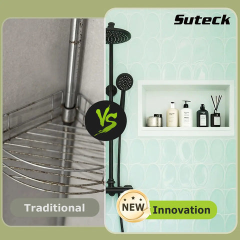 Comparison between traditional metal shower caddy and Tile Ready Recessed Shower Niche 16x28 Outer, 24x12 Inner.