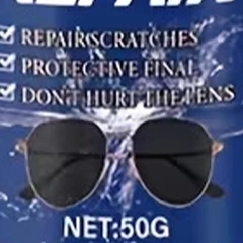 Scratch Repair For Sunglasses And Glasses With Dual Action Shield 50g deep cleaning liquid label showing sunglasses and text.
