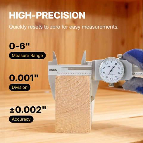 6 Inch Dial Caliper With 0.001 Inch Graduation Precise Inside And Outside Measurement Tool measuring wooden block