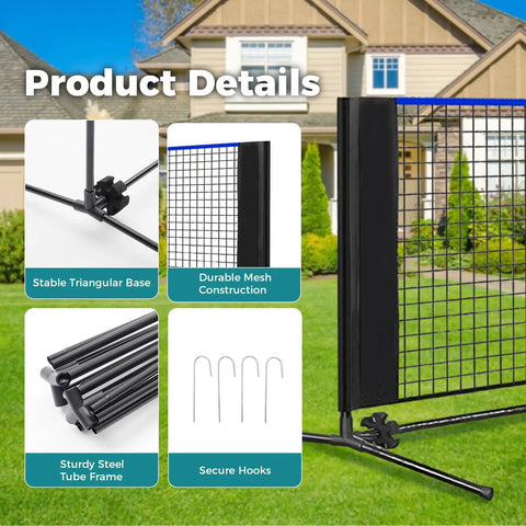 Details of Portable Multi Sport Net Set With Adjustable Height, showing sturdy base, mesh, steel frame, and hooks for secure setup.
