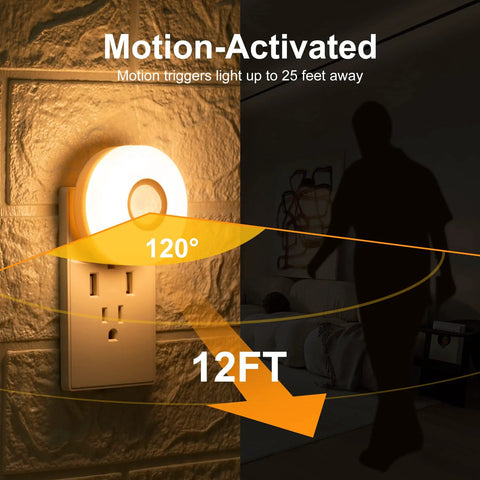 Motion Activated Plug In Night Light With Warm White LED 200 Lumen Ultra Bright Wall Nightlight Auto On Auto Off Sensor Energy Efficient Hallway Entryway Lighting 2 Pack illuminating dark hallway, showing 120° motion detection range