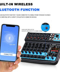 Eight Channel Mini Audio Mixer With MP3 Player And Bluetooth USB Recording showing built-in wireless Bluetooth feature with phone.