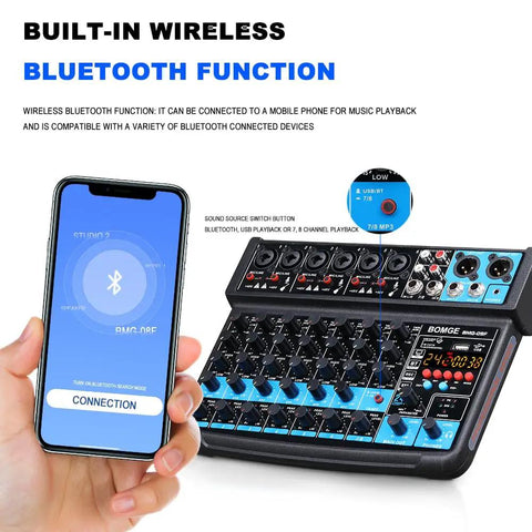 Eight Channel Mini Audio Mixer With MP3 Player And Bluetooth USB Recording showing built-in wireless Bluetooth feature with phone.