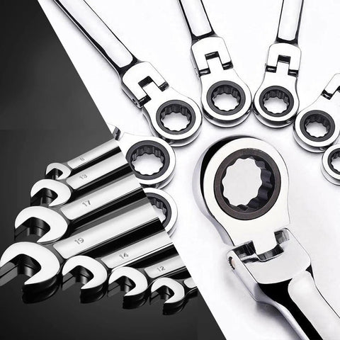 Flex Head Ratcheting Wrench Set 12 Piece Metric 8 To 19 mm Cr-V Combination Wrenches With 72 Tooth Ratchet in close-up view