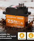 Waterproof 7.5Kg High Torque RC Micro Servo with Metal Gear in muddy water, showcasing IP67 waterproof protection.