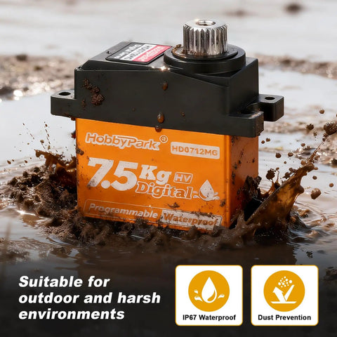 Waterproof 7.5Kg High Torque RC Micro Servo with Metal Gear in muddy water, showcasing IP67 waterproof protection.