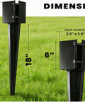 Dimensions of Pack Of Four Heavy Duty Fence Post Anchors Ground Spikes In Black Powder Coat Finish, 24 Inch Length With 4 By 4 Inch Outer Size, Inner Opening 3.5 By 3.5 Inches, Includes Screws For Easy Install displayed on grass