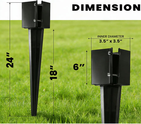 Dimensions of Pack Of Four Heavy Duty Fence Post Anchors Ground Spikes In Black Powder Coat Finish, 24 Inch Length With 4 By 4 Inch Outer Size, Inner Opening 3.5 By 3.5 Inches, Includes Screws For Easy Install displayed on grass