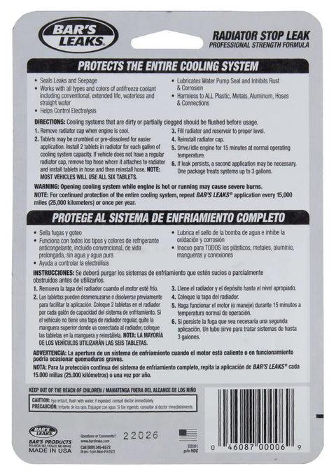 Packaging of Radiator Stop Leak Tablet 60 Grams Brown For Cars And Trucks Seals Leaks Keeps Your Ride Cool visible instructions