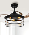 Retractable Ceiling Fan With Lights And Remote 36 Inch Farmhouse Caged Industrial Invisible Enclosed Fan with exposed blades.