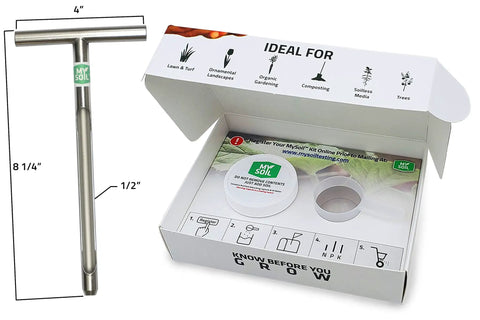 Soil Test Kit Pro Pack Complete Nutrient And pH Analysis With Tailored Recommendations For Your Lawn And Garden Includes 2 Test Kits And 1 Soil Probe For Peak Growth, showing kits in open box and metal soil probe with dimensions.