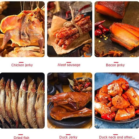 Straight Up Stainless Steel 360 Degree Rotary Food Dehydrator And Sausage Dryer With Simple Dials And Timer For Killer Homemade Jerky And Garden Fresh Veggies showing chicken jerky, meat sausage, bacon jerky, dried fish, duck jerky, and duck neck.