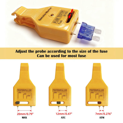 24V Automotive Blade Fuse Tester And Puller For Car Circuit Breakers ATR ATO ATC ATM Reset Tool, yellow plastic, adjustable probe, 70x30x25 mm