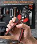 Close-up of hand holding Self Adjusting Wire Stripper 3 In 1 Automatic Tool For 9-20 AWG Cables in workshop setting