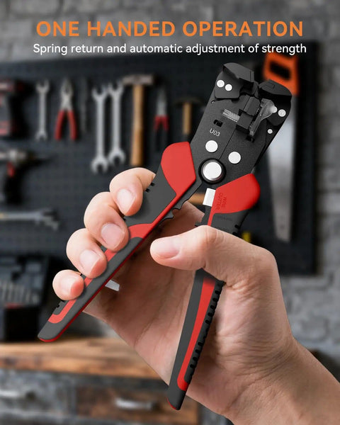 Close-up of hand holding Self Adjusting Wire Stripper 3 In 1 Automatic Tool For 9-20 AWG Cables in workshop setting