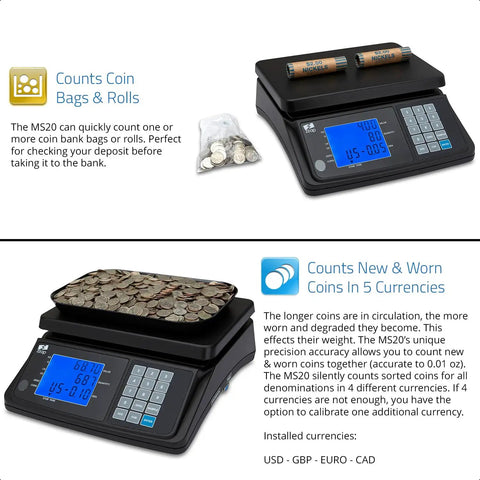 MS20 Coin Counting Scale For Cash And Currency, Fast Value And Count, Counts USD Euro CAD GBP, Handles Up To 650 Dollars Or 6500 Coins