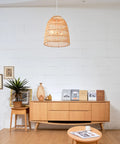 Galen 2-Light Chandelier With Bamboo And Rattan Shade, White Canopy And Cord, Japandi Style in modern living room setting