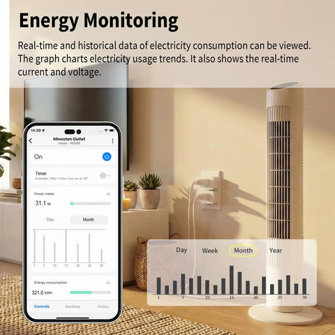 Smartphone displaying energy data from Z Wave 800 Series Smart Power Plug with Energy Monitoring and Power Meter, home setting.