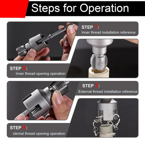 Steps for Operation of 2Pcs Dual-Function Pipe Threading Tool Set For 1/2 And 3/4 Inch PVC Plastic Pipes.