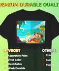 Black t-shirt with a square, colorful beach-scene transfer print on the front (HTVRONT).