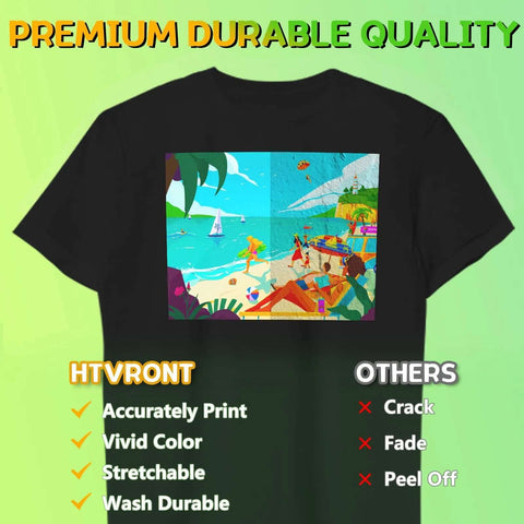 Black t-shirt with a square, colorful beach-scene transfer print on the front (HTVRONT).