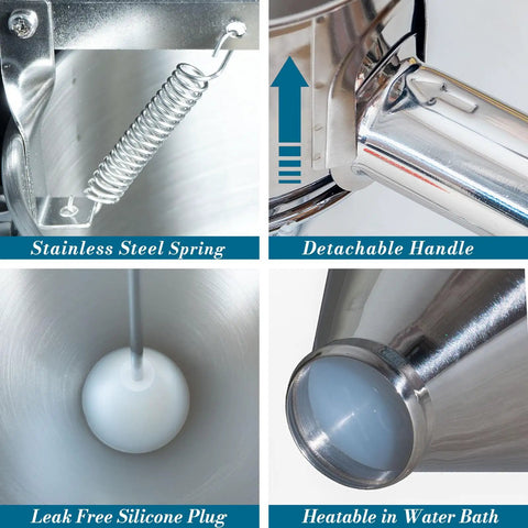 Smooth Pour 40 Oz Stainless Steel Pancake Batter Dispenser And Multi Nozzle Kitchen Funnel with stainless steel spring and detachable handle.