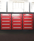Rock Solid Ten Foot Heavy Steel Workbench And Tool Cabinet Featuring Fifteen Locking Drawers And Pre Cut Non Slip Liners For Your No Nonsense Garage Setup, red storage cabinet with drawers.