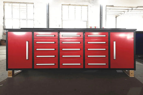 Rock Solid Ten Foot Heavy Steel Workbench And Tool Cabinet Featuring Fifteen Locking Drawers And Pre Cut Non Slip Liners For Your No Nonsense Garage Setup, red storage cabinet with drawers.