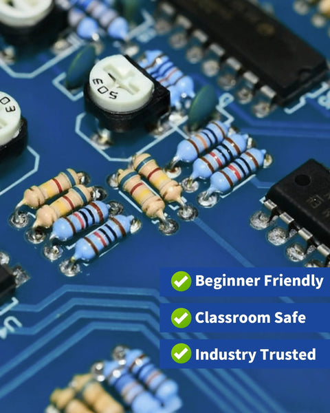Close-up of metal-film axial resistors on a blue circuit board; beige and blue resistor bodies with color bands