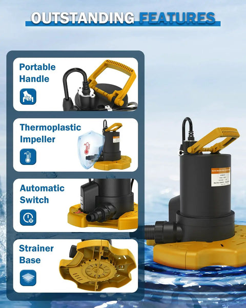 Built Like A Tank One Horsepower Pool Cover And Sump Pump Moving Up To 3500 GPH features portable handle and automatic switch.