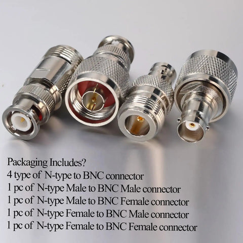 Image of 4 Pack N To BNC Coax Adapters Kit Male To Female And Female To Male For Antennas Radios, made of gold plated copper, nickel, brass.