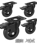 Heavy Duty 4 Inch Locking Swivel Caster Wheels Set Of Four Solid Rubber Furniture Cart Casters Loaded Up Without Breaking A Sweat Roll Like Butter 2200 Lbs Max Payload showing black rubber wheels with brakes and mounting hardware.