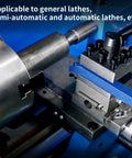 Carbide-tipped lathe cutter tools mounted in a blue tool post on a metal lathe; 1/4-inch shank.