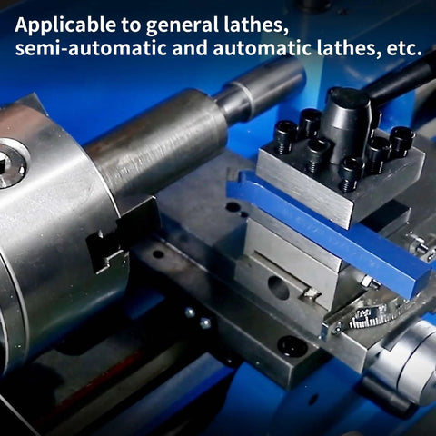 Carbide-tipped lathe cutter tools mounted in a blue tool post on a metal lathe; 1/4-inch shank.
