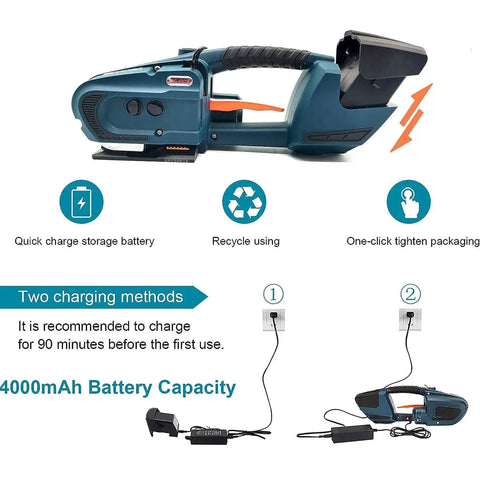 Ready To Roll Cordless Automatic Strapping Machine Handheld Battery Powered Welding Banding Tool For Cardboard Boxes And Wooden Pallets One Hand Operation Quick charge battery storage