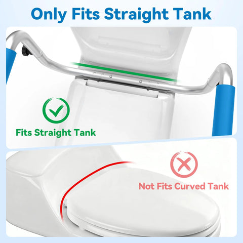 Dead Nuts Solid Heavy Duty Aluminum Toilet Safety Rails With No Shift Grip Pads And Beefy Handle Bars Made Super Tough To Back Up Seniors Up To Three Hundred Fifty Pounds At Home fitting guide showing compatibility with straight tank toilets.