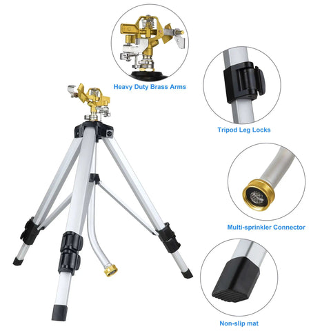 Tripod Lawn Sprinklers Pack Of 2 Heavy Duty 360 Degree Coverage for Yard and Garden adjustable tripod with nozzle detail