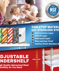 Diagram of 430 stainless steel tabletop layers and adjustable undershelf for Stainless Steel Work Table 30x12 Heavy Duty NSF Commercial Prep Table With Under Shelf Outdoor Pizza Oven Stand Kitchen Island Laundry Utility Garage Microwave Rolling Cart