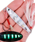 Heavy Duty 40G Saltwater Fishing Jigs Straight Fire Speed And Slow Jigging Pitching Lure Collection with glowing design in hand.