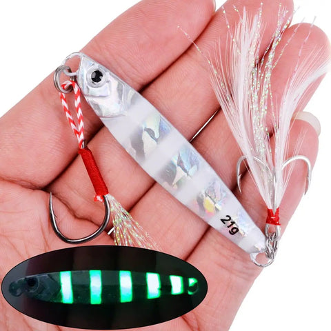 Heavy Duty 40G Saltwater Fishing Jigs Straight Fire Speed And Slow Jigging Pitching Lure Collection with glowing design in hand.
