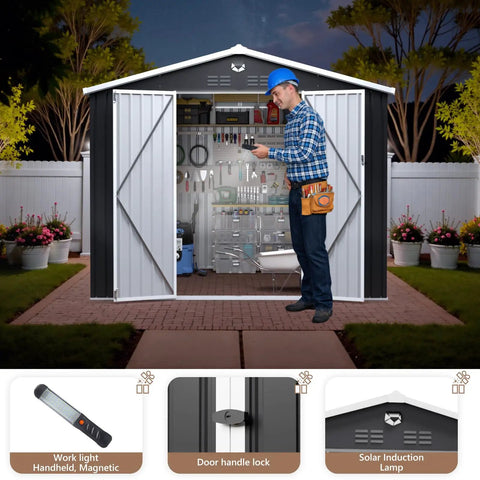 Person organizing tools inside a 10x8 Foot Metal Outdoor Storage Shed With Lockable Doors, Weatherproof Backyard Tool Shed, Black Exterior.
