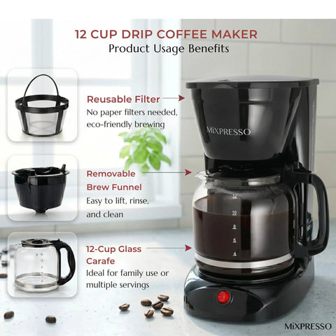 12 Cup Drip Coffee Maker With Auto Off And Reusable Filter, Borosilicate Glass Carafe, Anti Drip Water Window, Easy On Off Switch, Large Capacity Black Coffee Machine For Home Kitchen