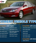 Toyota vehicle compatibility chart for fuel tank filler cap replacement, showing various models from 2002 to 2009.