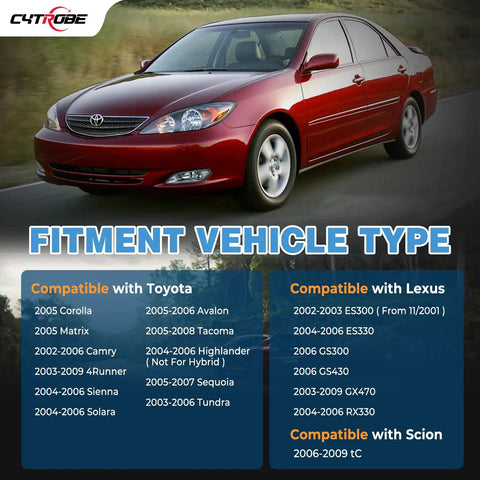Toyota vehicle compatibility chart for fuel tank filler cap replacement, showing various models from 2002 to 2009.