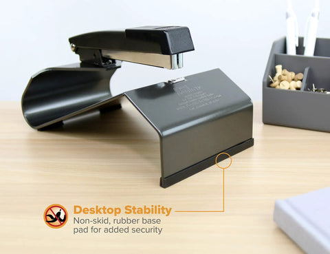 No Jam Booklet Stapler For 20 Sheets, All Metal Construction, Durable Black Finish on desk with non-skid rubber base pad